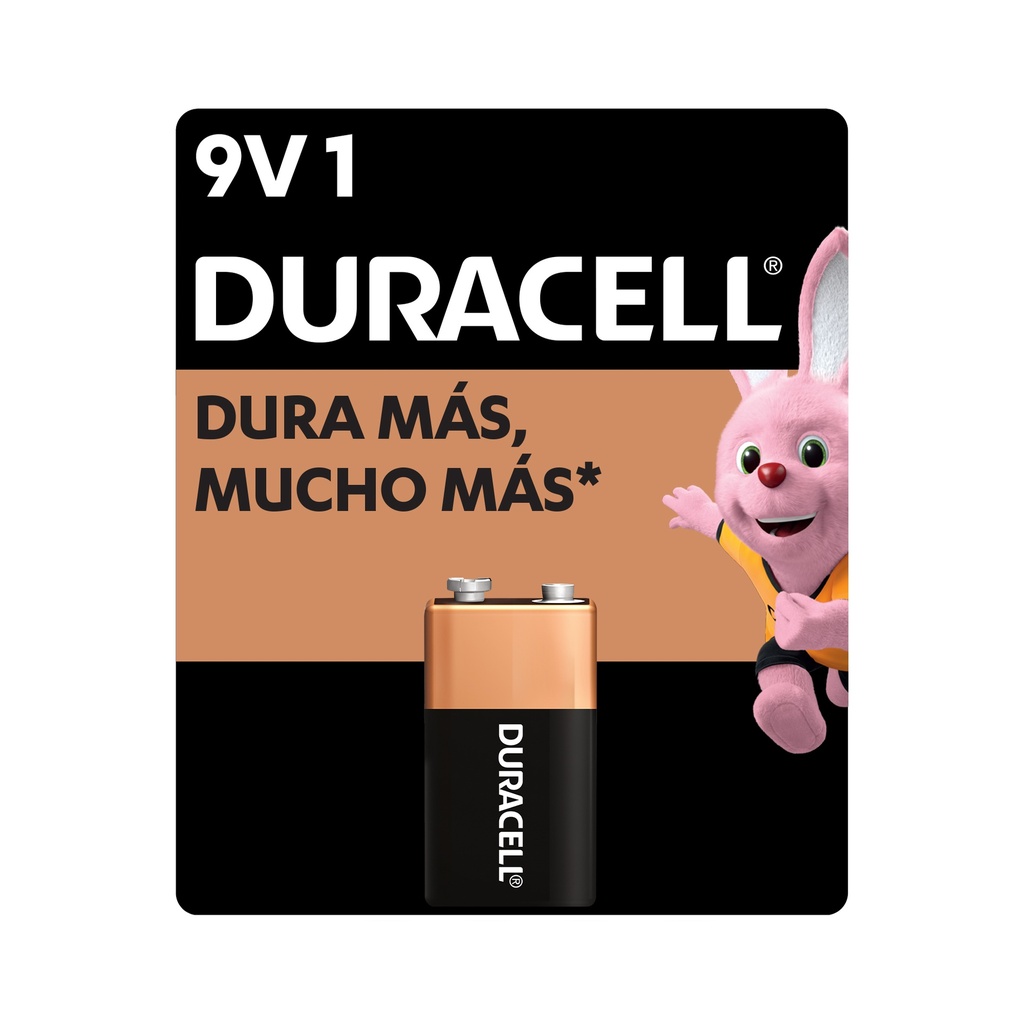 1x Batería Duracell 9V, (1 pila, batería cuadrada, DURA más)
