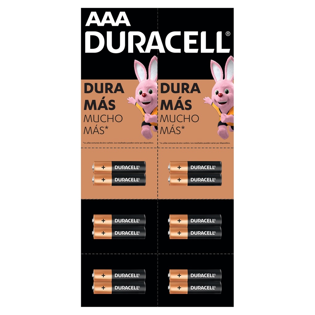 1x Pila Duracell AAA, (Tira de 12 pilas, triple A, DURA más)